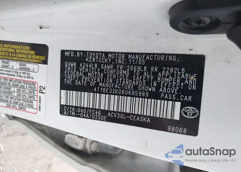 2006 Toyota Camry Se из США, поврежденный, VIN 4T1BE32K06U695989